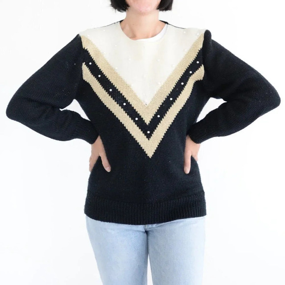 Braemar by Jeremy Scott Cream & Black w Pearls 7% Rabbit Hair Crewneck  Sweater - Picture 2 of 13